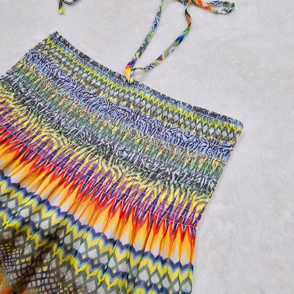 Lapis Boho Rainbow Halter Dress | Lace Hem Hi-Low Festival Vibes S - Picture 11 of 12
